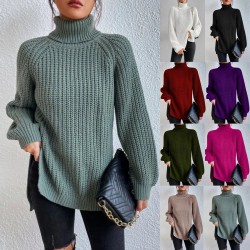 Rollkragenpullover aus Baumwoll mit Raglanrmel und geteiltem Saum