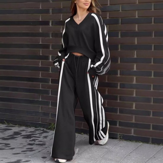 2-teiliges Set: Sweatshirt mit V-Ausschnitt und Hose mit weitem Bein