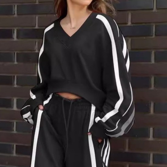 2-teiliges Set: Sweatshirt mit V-Ausschnitt und Hose mit weitem Bein