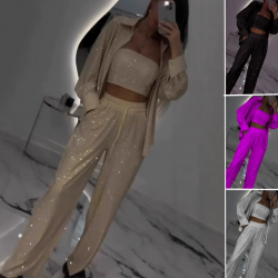 Paillettenblazer und weite Hose für Damen (3-teiliges Set)