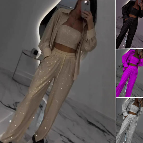 Paillettenblazer und weite Hose für Damen (3-teiliges Set)