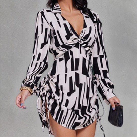 Print Waist-Cinching Shirt Dress with Side Drawstring